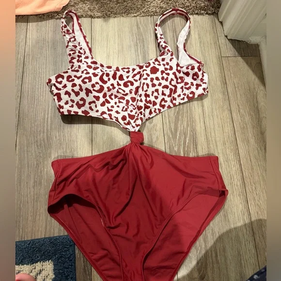 SHEIN Red Leopard Print & Solid Red One-Piece Swimsuit - Picture 1 of 1